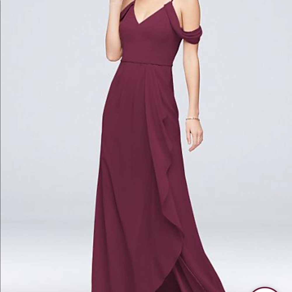 Off-the-Shoulder Bridesmaid Dress w/ Cascade WINE